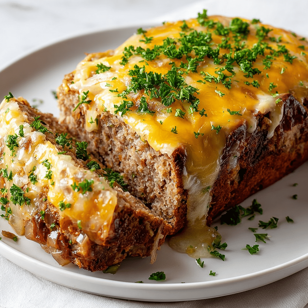Crockpot French Onion Meatloaf with Melted Swiss Cheese