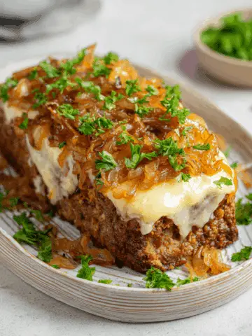Crockpot French Onion Meatloaf with Melted Swiss Cheese