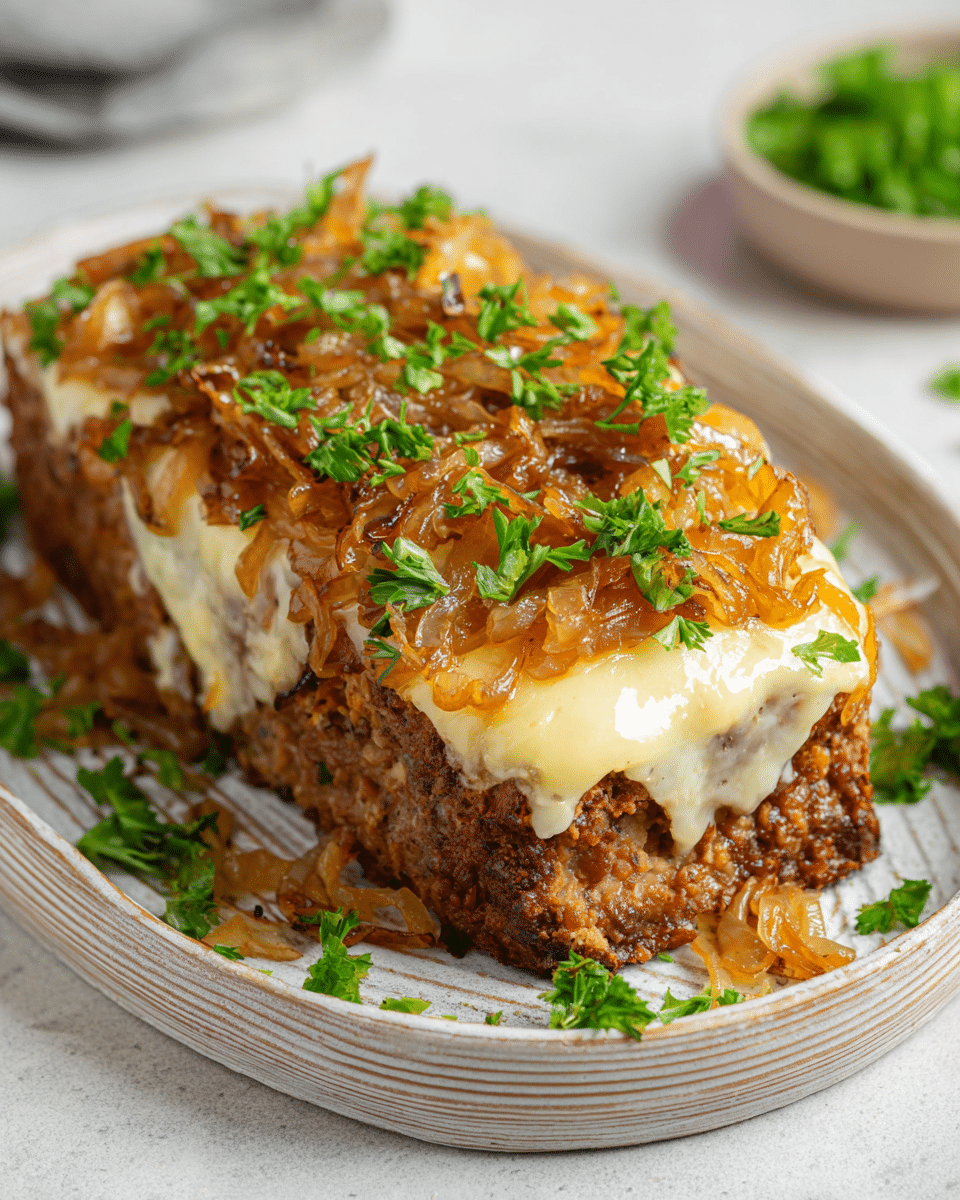 Crockpot French Onion Meatloaf with Melted Swiss Cheese