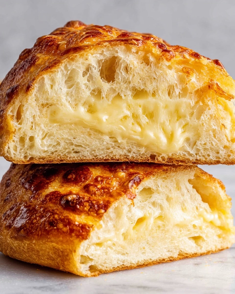 A close-up image showing two pieces of golden cheese bread stacked on a white marbled surface, with the top piece sliced open to reveal a soft, airy inside layered with melted cheese. The outside crust is a shiny, textured golden brown with crispy cheese baked on top. The inside is light beige with a gooey, creamy pale yellow cheese layer running through the middle photo taken with an iphone --ar 4:5 --v 7
