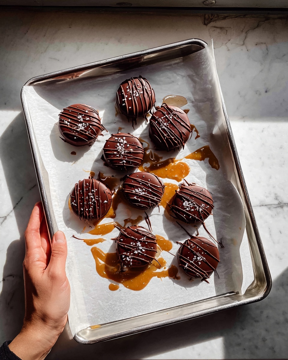 A metal tray lined with white parchment paper holds ten round treats covered in smooth, shiny dark chocolate. Each treat has thin, darker chocolate lines drizzled on top, with a few coarse salt flakes scattered over them. Beneath each chocolate layer, there is a visible pool of sticky, glossy caramel, slightly darker and thick, which also spreads in small splashes around the treats. A woman's hand grips the tray from the right side, and the scene is set on a white marbled surface with soft natural light coming from the left side. Photo taken with an iphone --ar 4:5 --v 7