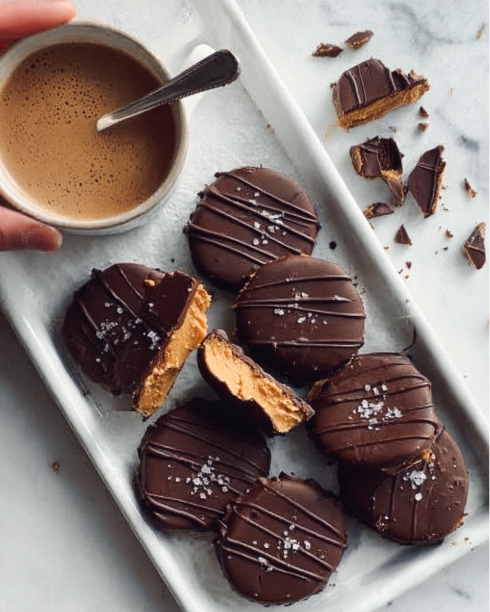 The image shows a white tray with several chocolate-covered treats. One treat is broken in half, revealing a soft, light brown inside, likely peanut butter. The chocolate coating is dark brown and smooth, with thin dark chocolate lines on top and a small amount of coarse salt sprinkled over the surface. Pieces of broken chocolate are scattered around the tray. A woman's hand is holding one treat, lifting it slightly above the others. Next to the treats is a white cup filled with a frothy brown drink, possibly coffee or hot chocolate, with a metal spoon inside. The surface underneath has a white marbled texture. photo taken with an iphone --ar 4:5 --v 7