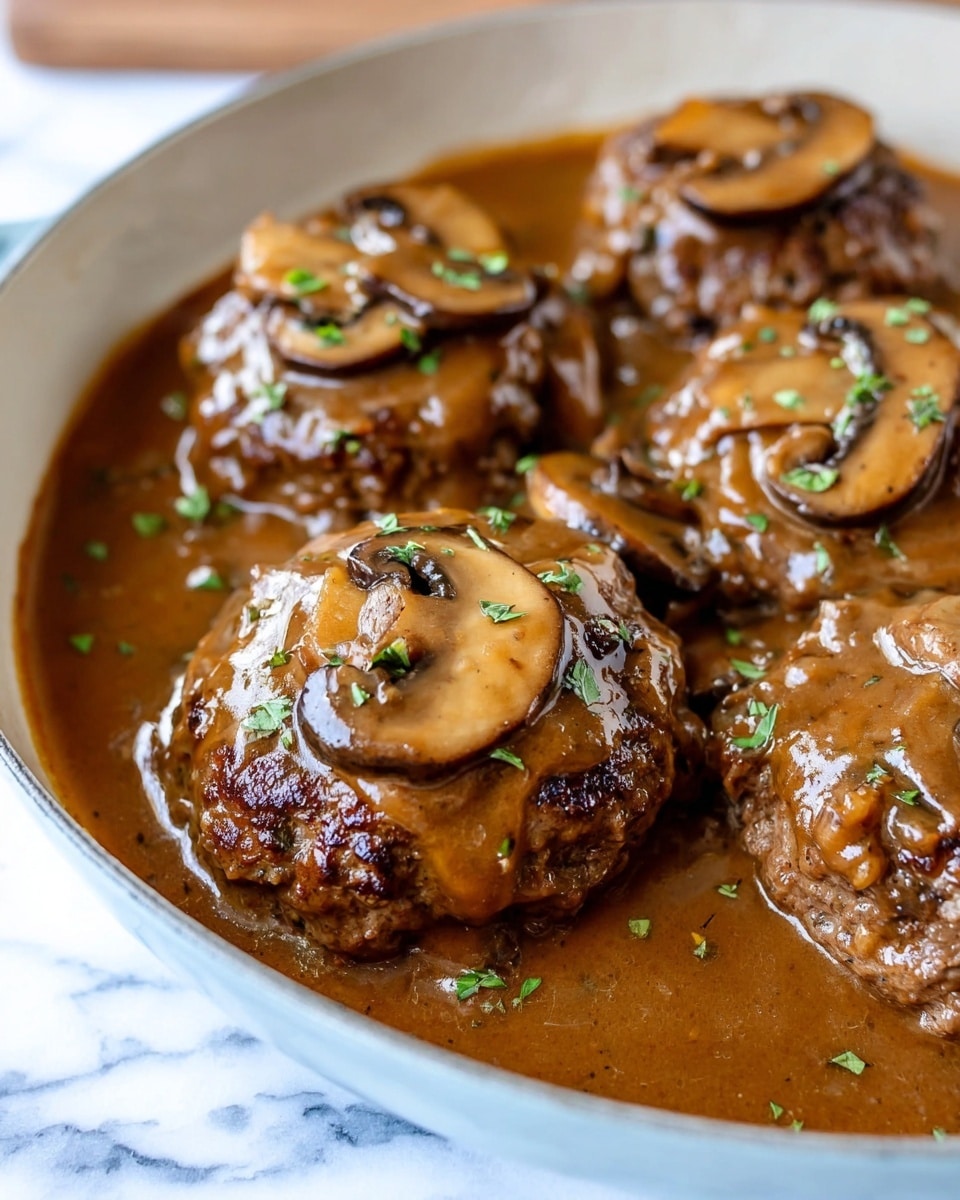 The image shows a close-up of a white pan filled with four thick brown patties covered in glossy brown mushroom sauce. On top of each patty, there are several slices of cooked mushrooms, which are light brown with darker spots. The sauce is smooth and shiny, spreading around and partially covering the patties. Small green herb pieces are sprinkled on top for garnish. The pan is placed on a white marbled surface. photo taken with an iphone --ar 4:5 --v 7