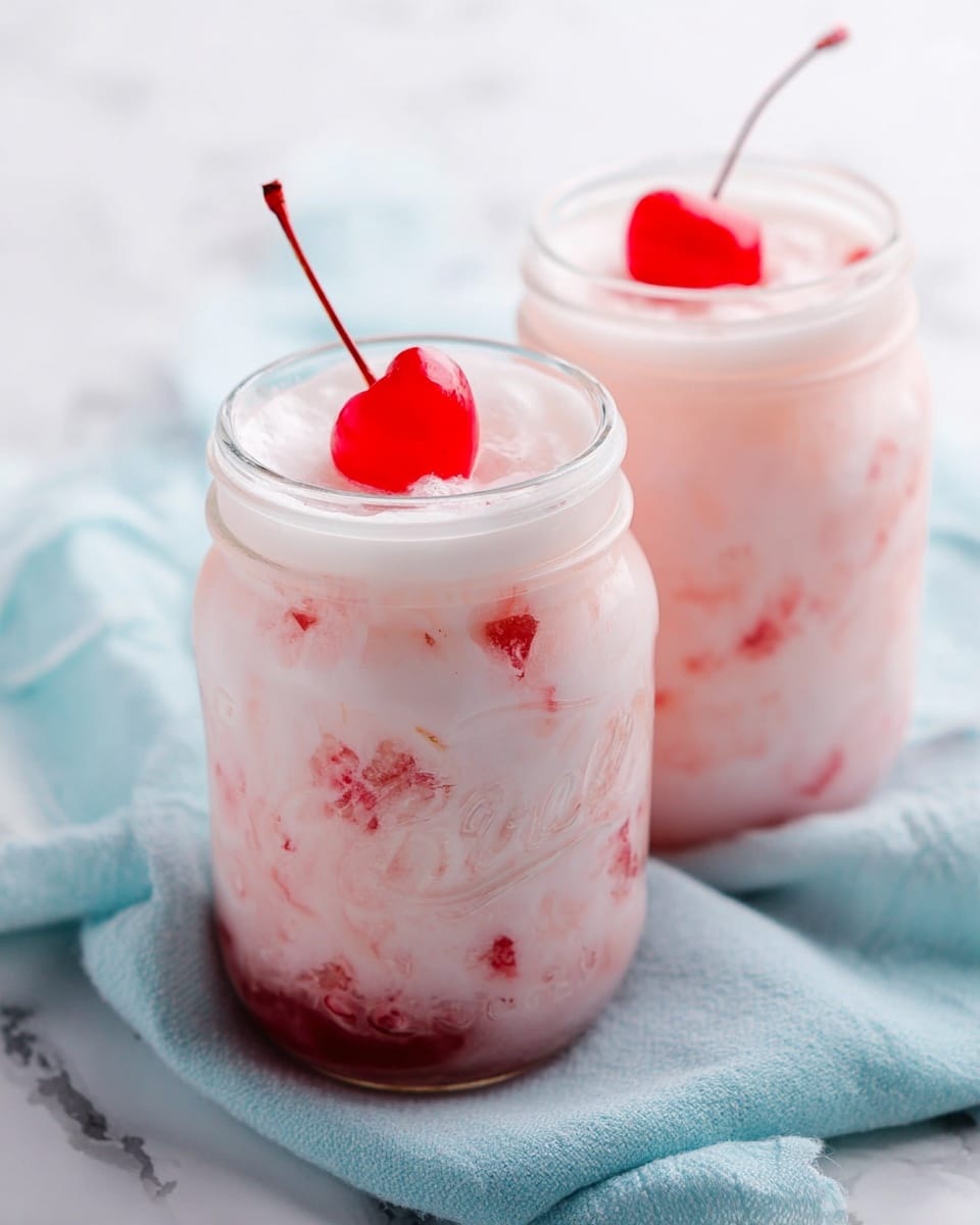 The image shows two clear glass jars filled with a creamy, pale pink drink that has subtle swirls of deeper pink and red inside. Each jar has a single bright red cherry placed on top, partly submerged in the frothy foam that covers the drink’s surface. Visible inside the jars are small, scattered pieces of red cherry bits, creating a textured look within the smooth liquid. The jars sit on a soft, light blue cloth, placed on a white marbled surface. The background is softly lit and blurred, emphasizing the fresh and cool feeling of the drinks. photo taken with an iphone --ar 4:5 --v 7