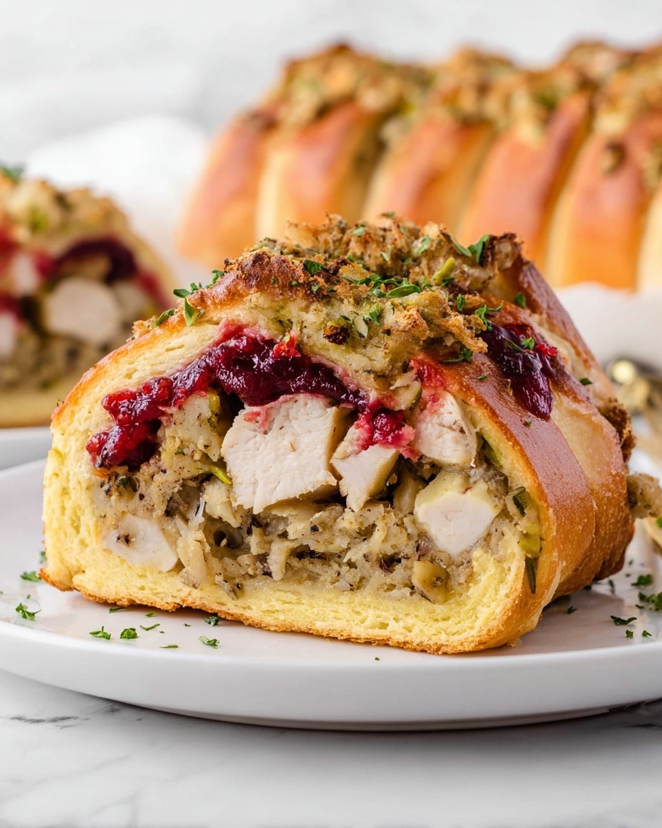 The image shows a close-up of a sliced roll with layers inside. The bottom layer is a light yellow soft bread, topped with a layer of seasoned stuffing in greenish-brown color. Above the stuffing, there are chunks of white cooked meat, and on top of that, a bright red layer of sauce or cranberry sauce. The outer layer is golden brown baked dough wrapped around the filling with small slits exposing parts of the inside. Some green herb pieces are sprinkled over the roll and on the white plate. The background is a white marbled surface with parts of more rolls visible. photo taken with an iphone --ar 4:5 --v 7