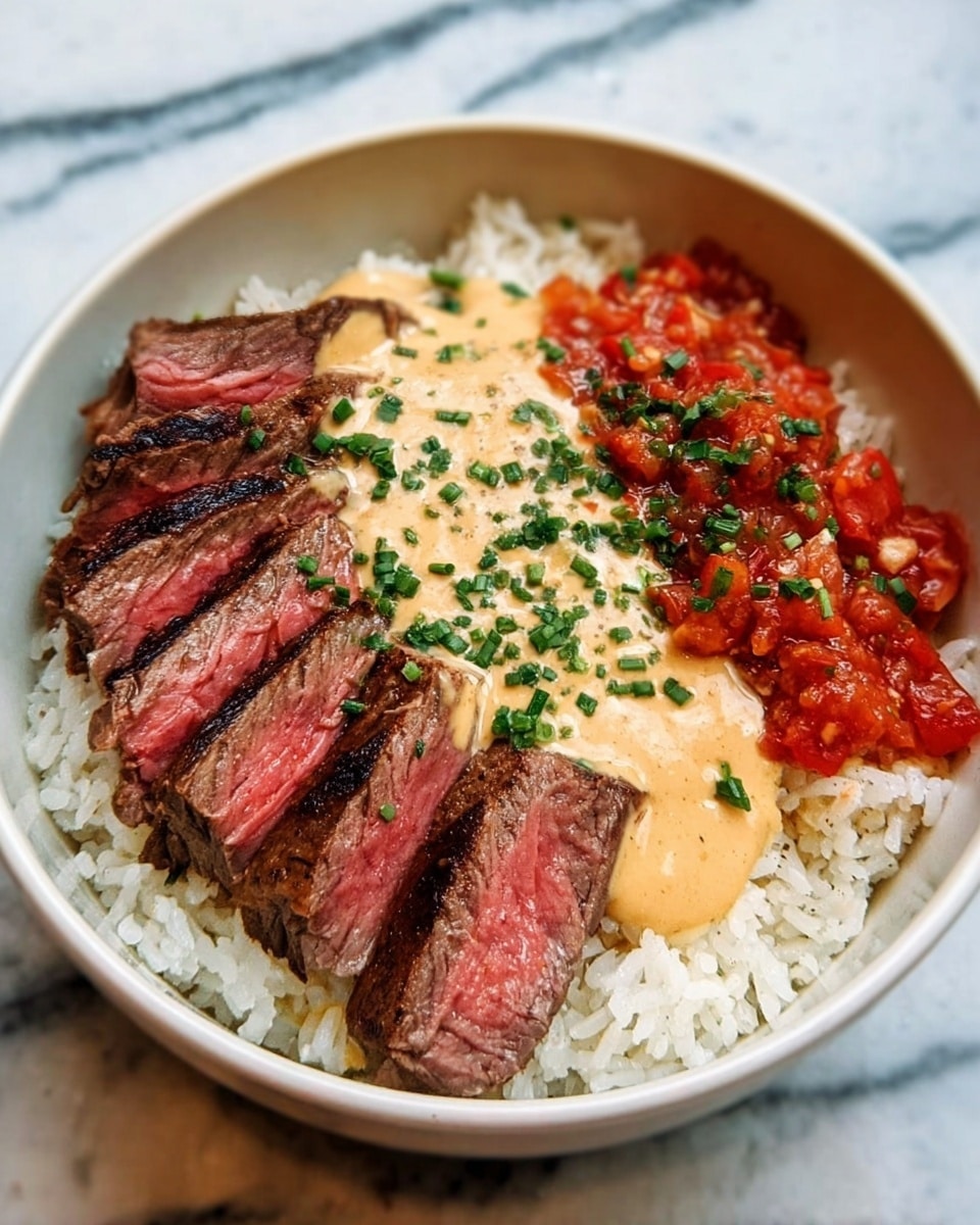 The image shows a white bowl filled with a bed of cooked white rice at the bottom. On top of the rice, there are slices of medium-rare steak, showing a pink center with a seared brown outside. To one side of the steak, there is a creamy light beige sauce drizzled smoothly. On the other side, a bright red chunky tomato salsa adds a vivid pop of color. The dish is garnished with finely chopped green herbs scattered over the steak and sauce. The bowl sits on a white marbled surface. photo taken with an iphone --ar 4:5 --v 7