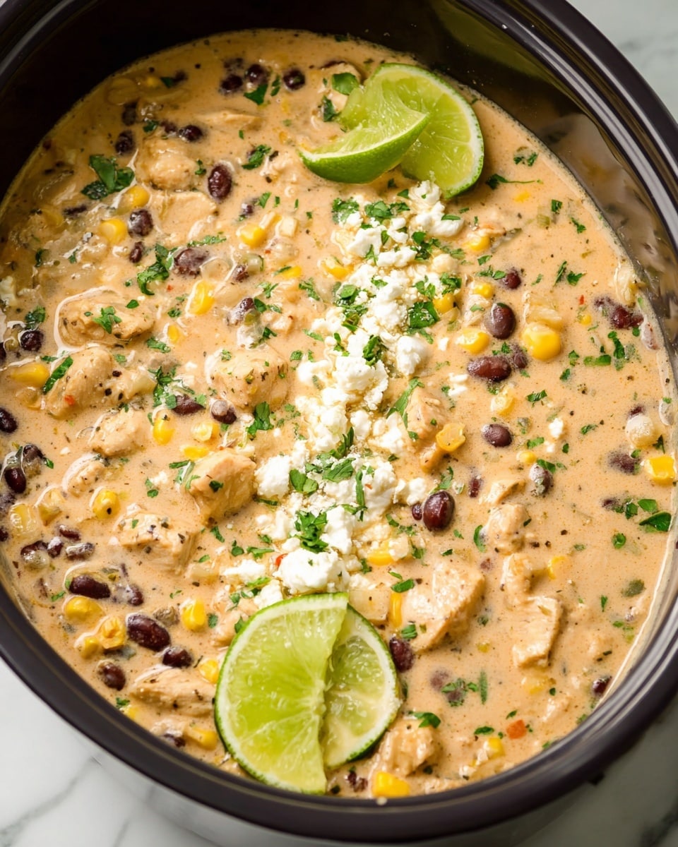 A creamy stew with a mix of yellow corn, black beans, and light brown chicken pieces spread throughout. It has a smooth beige sauce with small green herbs sprinkled on top. In the center, there is a strip of white crumbled cheese with green herb bits. Two lime wedges rest at the edge. The stew is in a deep black pot on a white marbled surface. Photo taken with an iphone --ar 4:5 --v 7