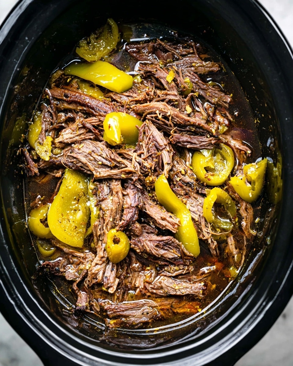 The image shows a black slow cooker filled with shredded brown cooked meat mixed with bright yellow-green whole and sliced peppers. The meat looks moist and tender, sitting in a thin, dark broth with visible seasoning and herbs. The yellow-green peppers add a fresh contrast, resting on and scattered throughout the meat. The overall colors are dark brown with pops of vibrant yellow-green, and the textures include soft meat fibers and smooth pepper skins. The slow cooker bowl sits on a white marbled surface. photo taken with an iphone --ar 4:5 --v 7