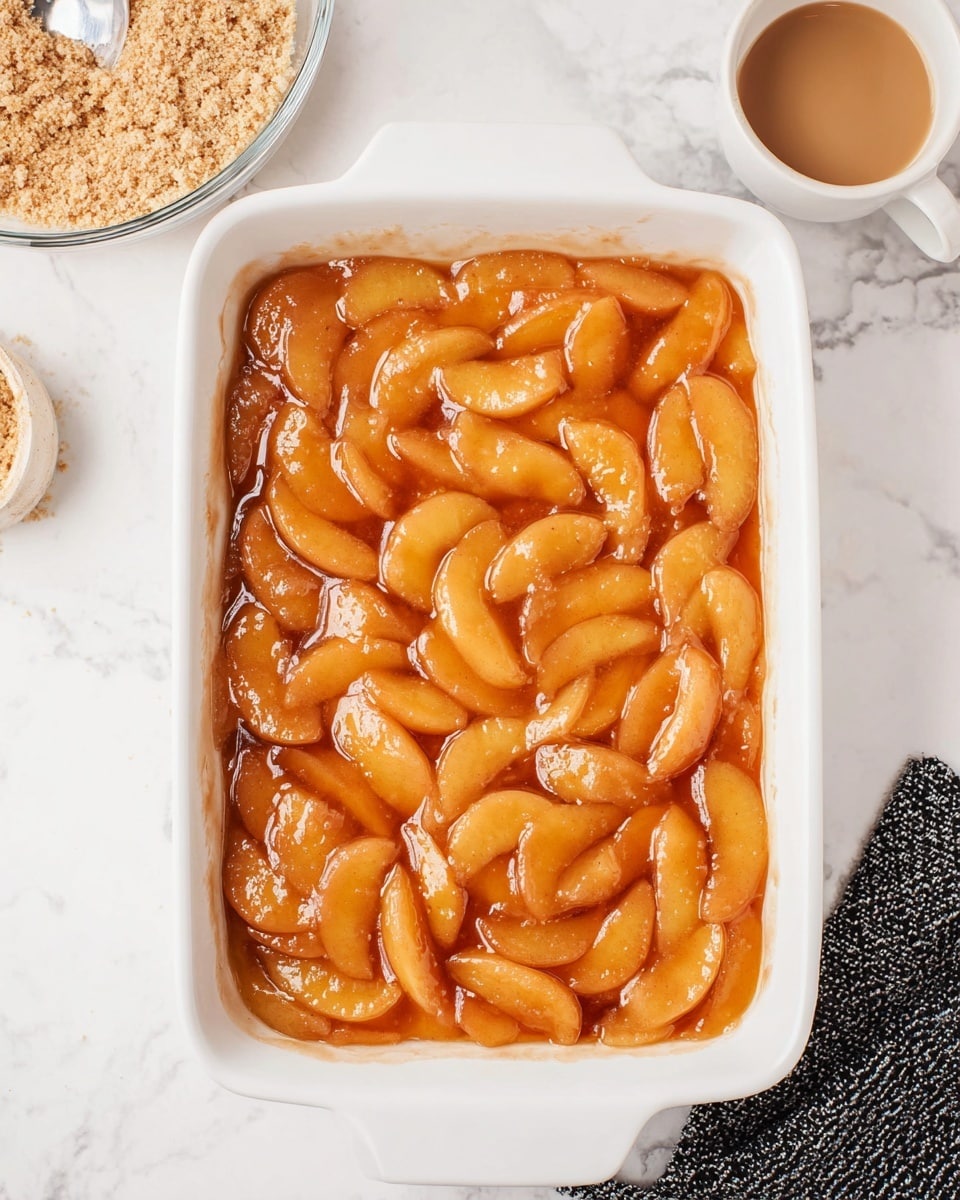 The image shows a white rectangular baking dish filled with a single layer of glossy, orange-tinted apple slices coated in syrup, arranged closely to cover the dish bottom evenly. To the top left, there is a clear glass bowl with a light brown crumbly mixture partially visible. At the top right, a white round cup contains a light brown liquid, likely coffee or tea. The whole setup is placed on a white marbled surface with a black and white textured cloth visible at the bottom right corner. photo taken with an iphone --ar 4:5 --v 7