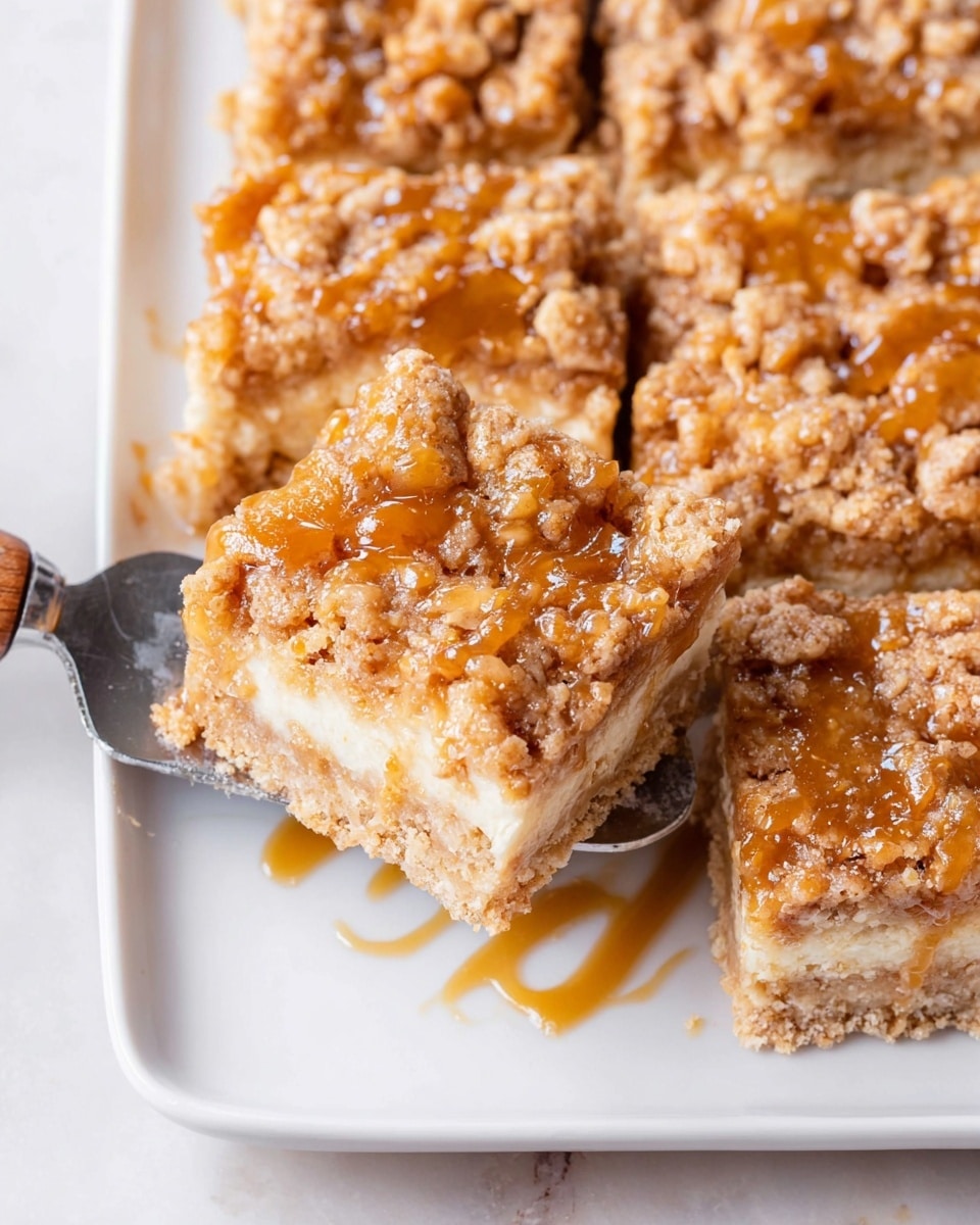 The image shows a white plate holding a dessert made of four square pieces, with one piece slightly lifted by a spatula with a wooden handle. The dessert has two main layers: a bottom layer that is light golden and soft, and a top crumbly layer that is textured with small, irregular clusters of a light brown color. A drizzle of caramel sauce spreads unevenly over the top crumbly layer, adding some shine and darker orange hues. The plate rests on a white marbled surface. Photo taken with an iphone --ar 4:5 --v 7