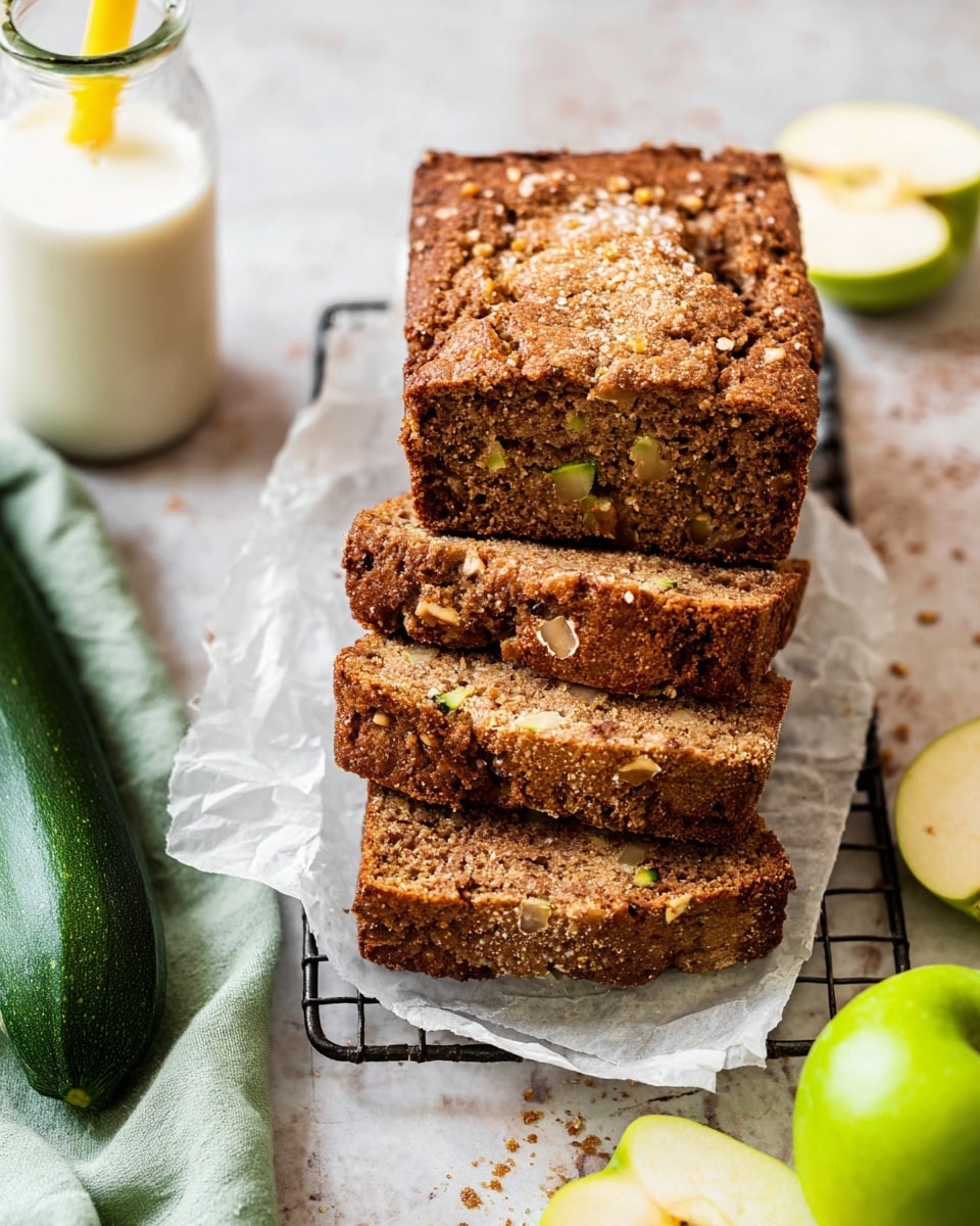 This image shows four thick slices of brown bread stacked on white parchment paper on a wire rack. The top slice has a rough texture with golden sugar crystals sprinkled on it. The sliced bread has a coarse, dense texture with visible bits of nuts and green flecks inside, suggesting added ingredients like zucchini. To the left of the rack, there is a green zucchini and a glass bottle of milk with a yellow straw. At the bottom right, there is a green apple cut in half, placed on a white marbled texture surface along with a pale green cloth. Photo taken with an iphone --ar 4:5 --v 7