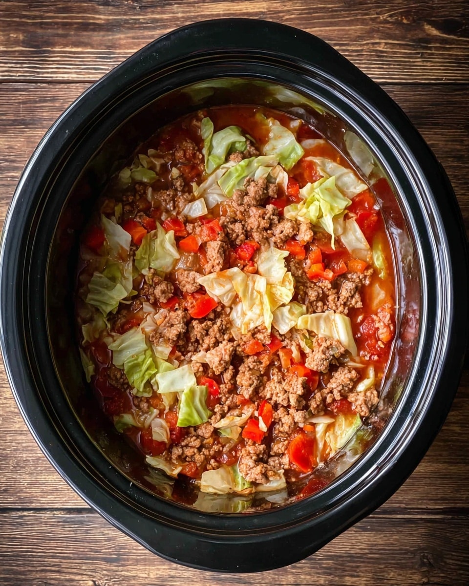 The image shows a round black slow cooker filled with a dish made of three visible layers. The bottom layer is a red tomato sauce that spreads all around the pot. The middle layer is made of chunks of cooked ground meat scattered unevenly on top of the sauce. The top layer consists of light green and white cabbage pieces mixed with small pieces of red bell peppers, all sitting on the meat and sauce. The slow cooker is placed on a wooden surface. photo taken with an iphone --ar 4:5 --v 7