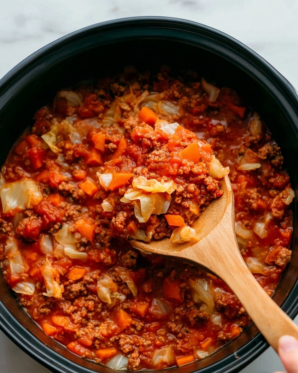The image shows a close-up of a black pot filled with a thick red stew made from small crumbled pieces of cooked ground meat mixed with diced white onions and chunks of orange carrots in a rich tomato sauce. There are also pieces of light yellow cabbage mixed in, adding texture and color contrast. A wooden spoon, held by a woman's hand, is stirring the stew, lifting some of the chunky mixture to show its moist and hearty texture. The background features a white marbled surface. photo taken with an iphone --ar 4:5 --v 7