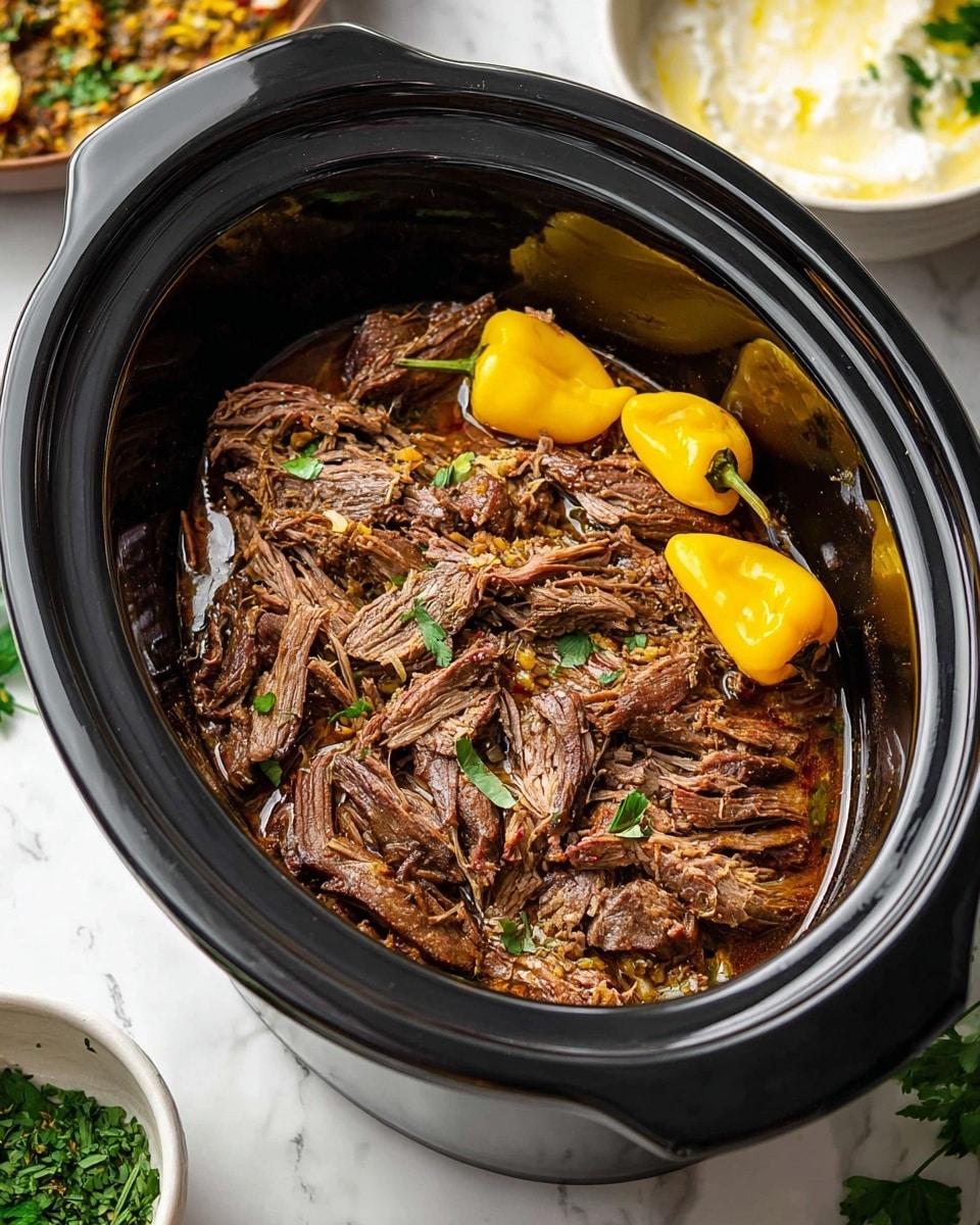 The image shows shredded brown meat inside a large black slow cooker. On top of the meat are several yellow whole peppers and some small chopped green herbs. The meat strands look moist and tender, filling most of the cooker. Around the slow cooker are parts of white bowls with green herbs and a light creamy dish visible, all placed on a white marbled surface. Photo taken with an iphone --ar 4:5 --v 7
