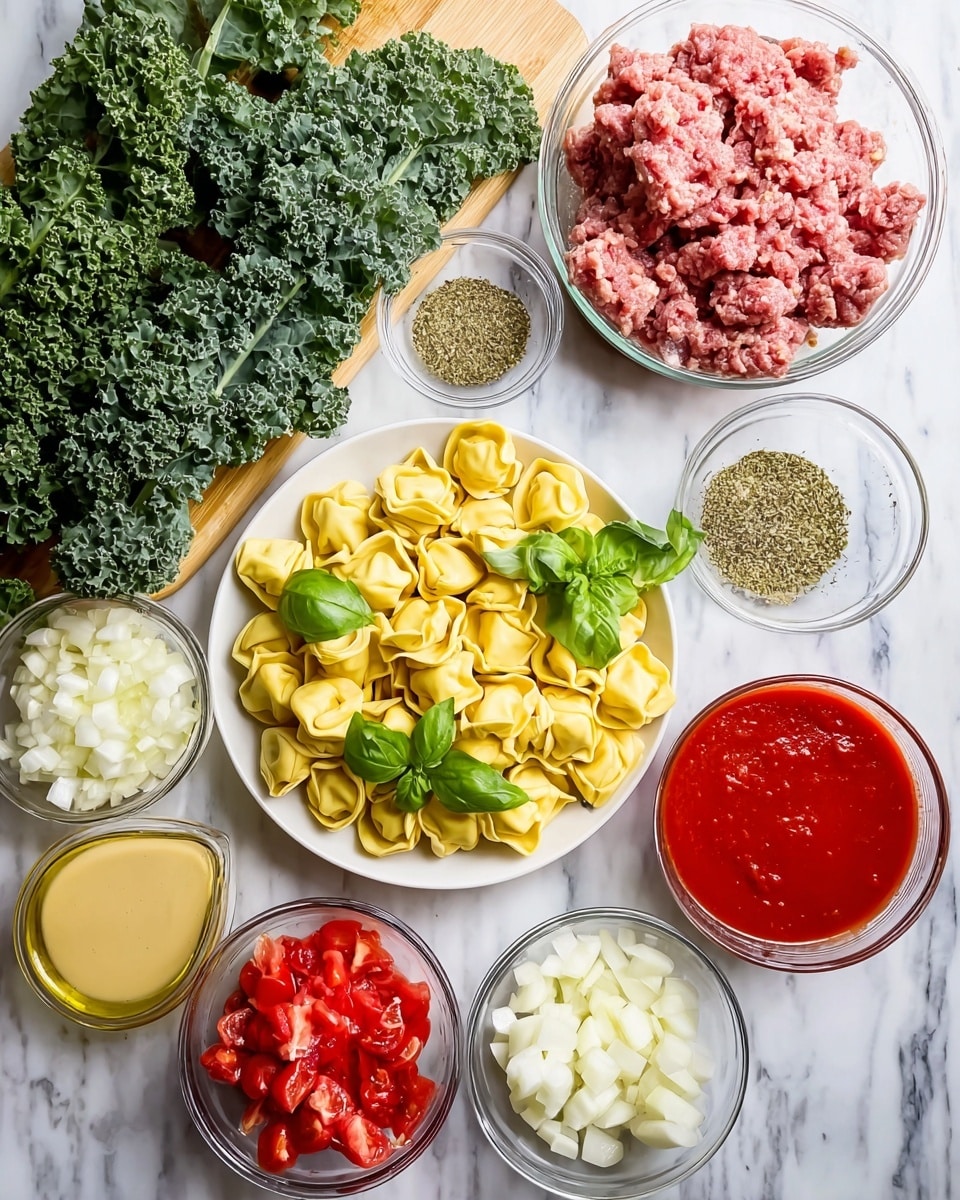 A top-down view of several cooking ingredients arranged on a white marbled surface: a bunch of curly kale with deep green leaves on a light wooden board near a clear glass bowl of raw ground meat with white fat specks, a small clear glass bowl of dried oregano, and another small clear glass bowl with chopped garlic. Nearby, there is a white plate filled with yellow tortellini pasta and topped with fresh bright green basil leaves. Surrounding these are clear glass bowls with diced white onions, a golden-yellow liquid (likely oil), chunky red tomatoes, and a smooth red tomato sauce, and a glass container holding a creamy beige sauce. photo taken with an iphone --ar 4:5 --v 7