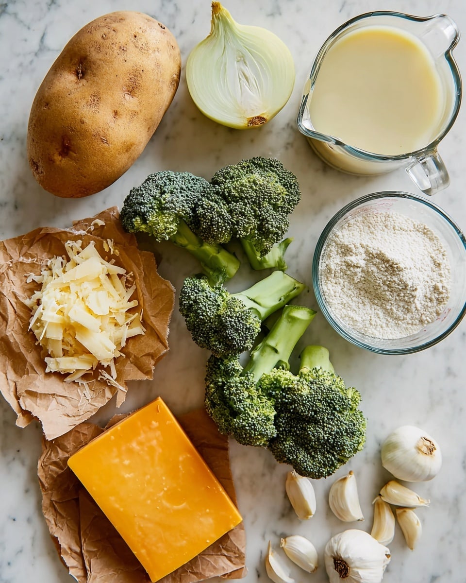 The image shows ingredients spread on a white marbled surface, including a large light brown potato, a halved onion with pale yellow layers, three green broccoli florets with textured tops and stems, a block of orange cheese next to some sliced pieces still on their brown paper, three peeled garlic cloves, a glass bowl filled with white flour, and two glass measuring cups—one filled with a pale yellow liquid and the other with a creamy white liquid. Photo taken with an iphone --ar 4:5 --v 7