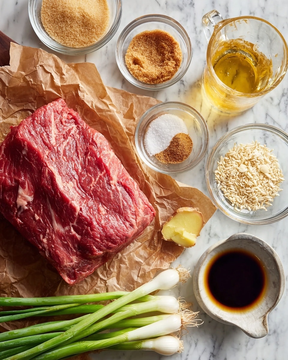 A large, raw piece of red marbled meat rests on crinkled brown parchment paper on a light wooden board. Surrounding it are multiple small clear glass bowls with different ingredients: golden brown sugar, light brown sesame seeds, finely chopped white garlic, powdery white and light beige spices, and a small piece of pale yellow fresh ginger root. A clear glass cup filled with a golden liquid and another small bowl with a dark soy sauce sit nearby. Fresh green onions with white tips lay on the bottom edge of the scene, all set on a white marbled surface. photo taken with an iphone --ar 4:5 --v 7