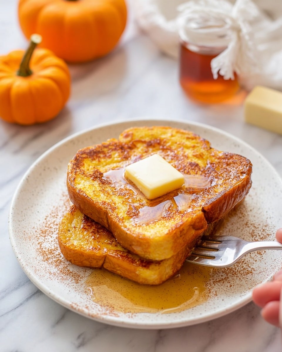 Two thick slices of golden brown French toast stacked on a white speckled plate. The top slice has a shiny square of melting butter in the center, surrounded by syrup pooled around it. Light cinnamon powder is sprinkled around the edges of the toast on the plate. A woman's hand holds a fork touching the right side of the top slice. In the background are small orange pumpkins, a wrapped stick of butter, and a jar of syrup on a white marbled surface. Photo taken with an iphone --ar 4:5 --v 7