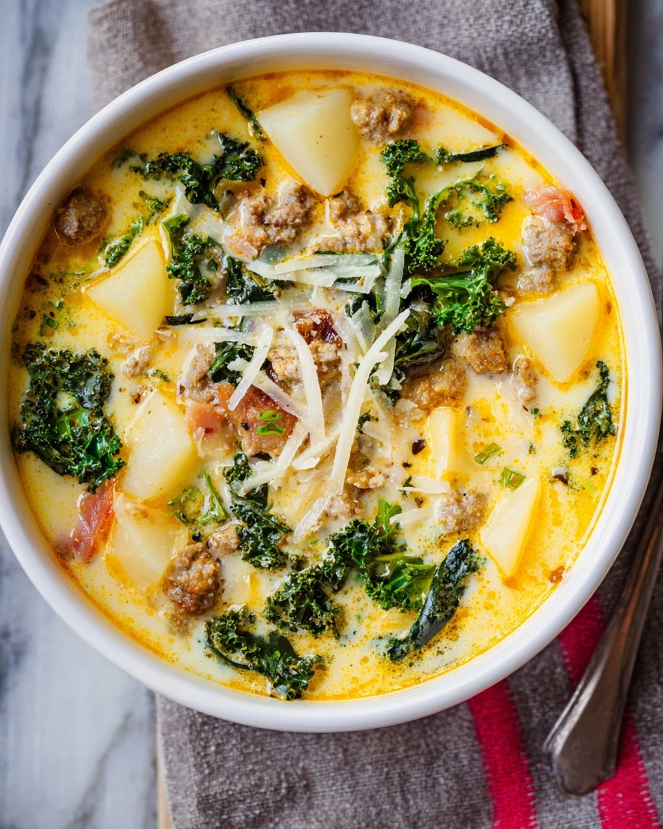 A white bowl filled with soup showing four main layers: a creamy yellow broth forming the base, chunks of light beige potatoes floating within, pieces of light brown ground sausage scattered throughout, and bright dark green kale leaves adding contrast on top, finished with a sprinkle of shredded white cheese. The bowl is set on a white marbled surface with a gray cloth and a red-striped towel partially visible underneath. photo taken with an iphone --ar 4:5 --v 7