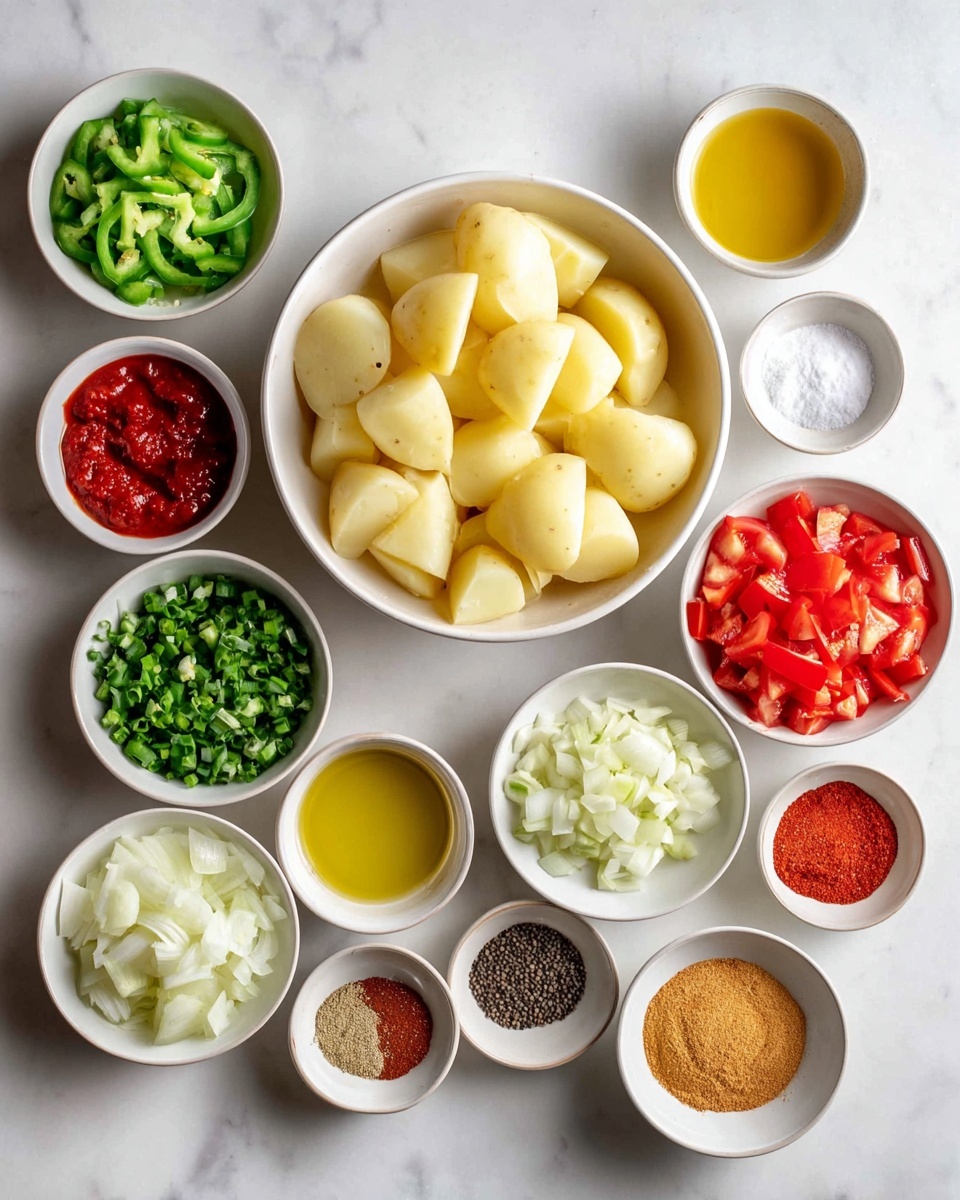The image shows a white marbled surface with a large white bowl in the center filled with peeled and quartered potatoes, pale yellow in color and smooth in texture. Around it are smaller white bowls arranged in a circle, each containing different ingredients: chopped green peppers with a shiny, fresh look; finely chopped red chili with a bright red tone; fresh chopped tomatoes, juicy and red; thinly sliced white onions with a translucent texture; finely chopped green herbs; minced garlic and ginger, both light yellow and soft in texture; a red paste sauce; golden yellow oil; three small bowls of different spices and seasonings including black pepper, salt, and a mix of brown and orange powders. All elements are neatly arranged and brightly lit. photo taken with an iphone --ar 4:5 --v 7