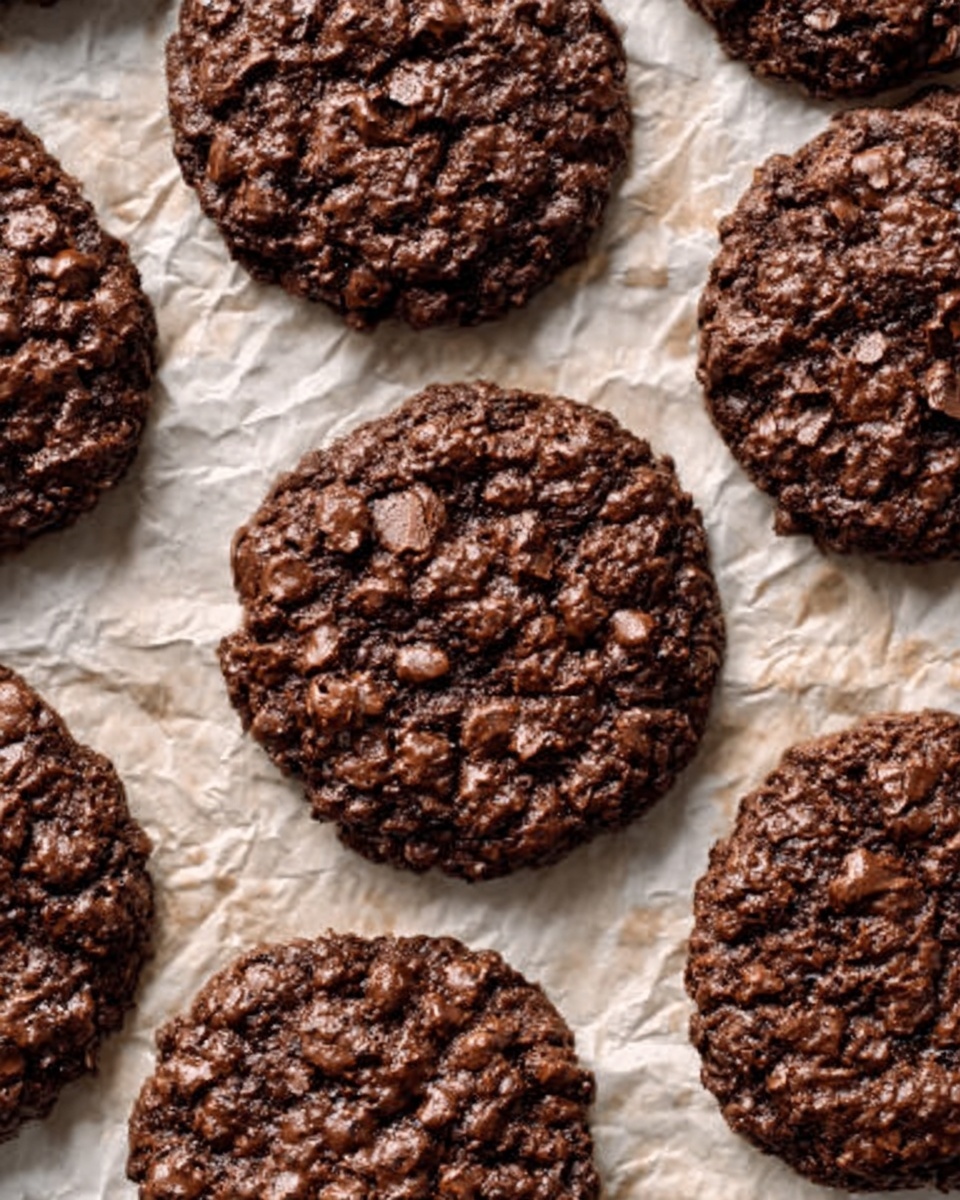 The image shows several round chocolate cookies with a rough texture, placed on crinkled parchment paper. Each cookie is dark brown with visible chunks or bits inside, giving a bumpy and uneven surface. The cookies vary slightly in size but are mostly uniform, arranged close together with small gaps between them. The background is a white marbled texture. Photo taken with an iphone --ar 4:5 --v 7