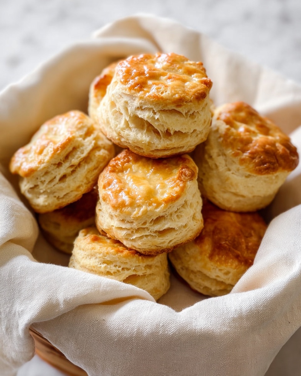 The image shows a basket filled with eight golden-brown biscuits stacked closely together, each biscuit having about six to eight visible flaky layers with a slightly glossy top. The biscuits have a light, crispy texture with unevenly shaped edges that highlight the layers. The basket is lined with a soft, white cloth that wraps gently around the biscuits, creating a cozy, inviting look. The background is a white marbled surface, softly blurred to keep the focus on the basket. photo taken with an iphone --ar 4:5 --v 7
