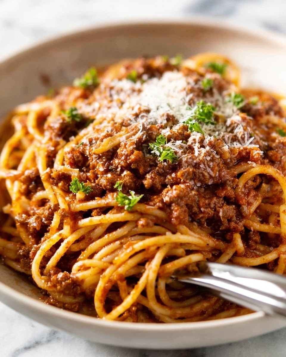 A close-up view of a white shallow bowl filled with spaghetti noodles layered with rich brown meat sauce mixed with small bits of meat, coated in a thick reddish-brown tomato sauce. The top layer has a light sprinkling of finely grated white cheese and small green parsley leaves scattered around. At the edge of the bowl, a silver pair of tongs rest against the noodles. The background and surface beneath the bowl show a white marbled texture. photo taken with an iphone --ar 4:5 --v 7