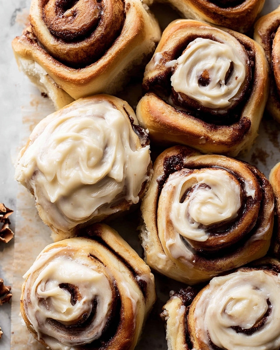 The image shows a group of cinnamon rolls arranged close together on a white marbled surface. Each roll has multiple thick layers of soft, golden-brown dough with dark brown cinnamon swirls clearly visible. Some rolls are topped with a thick, creamy layer of light beige frosting that looks smooth and slightly glossy, while others have no frosting, showing the clear spiral of cinnamon on top. The frosting is spread unevenly, with swirls and a few peaks, covering about half of the rolls. The texture of the dough looks fluffy and soft, contrasting with the sticky cinnamon filling. Photo taken with an iphone --ar 4:5 --v 7
