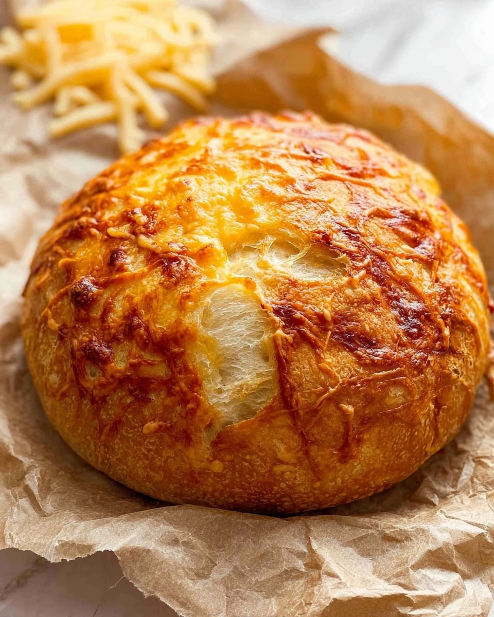 A single round loaf of bread with a golden-brown crispy cheese crust covers the top and edges, showing some soft white bread peeking through cracks in the cheese layer. The loaf sits on crinkled white parchment paper, placed on a white marbled surface with a pile of shredded yellow cheese slightly blurred in the background. The cheese layer looks bubbly and textured, giving the bread a crunchy appearance photo taken with an iphone --ar 4:5 --v 7