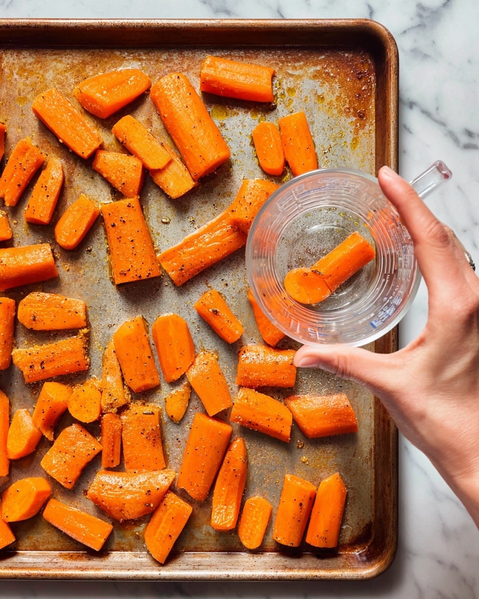 The image shows a metal baking tray with several orange carrot pieces spread across it. The carrot pieces are cut into various shapes and sizes, some smooth and rounded, others slightly smashed or broken with a soft texture. They appear roasted, with small specks of black pepper or seasoning visible on the surface. A woman's hand is holding a clear Pyrex measuring cup above the tray, focusing on a rectangular carrot piece inside it. The tray sits on a white marbled textured surface. photo taken with an iphone --ar 4:5 --v 7