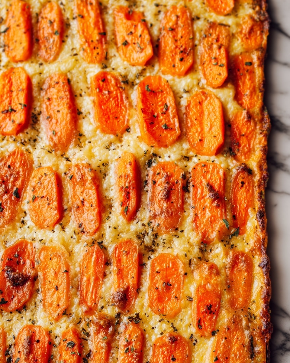 The image shows a baked dish with a base layer of melted light golden cheese that looks bubbly and slightly browned at the edges. On top, there are evenly spaced pieces of soft, cooked carrots arranged in rows, each carrot piece bright orange with slight charring and sprinkled with green herbs and black pepper. The texture of the carrots contrasts with the smooth, creamy cheese layer beneath. The dish is presented on a white marbled surface. photo taken with an iphone --ar 4:5 --v 7