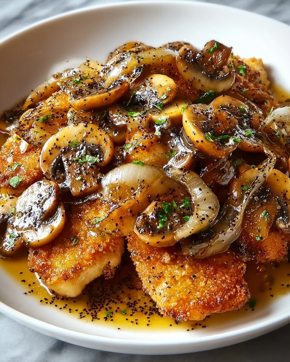 A white plate is filled with two main layers: the bottom layer shows several pieces of golden-brown, crispy chicken with a slightly rough texture, while the top layer features cooked, light brown mushroom slices and translucent cooked onion strips sprinkled with black pepper seeds and small bits of green herbs. The sauce covering the dish gives a glossy, slightly oily shine, blending the colors and adding a rich look. The whole dish rests on a white marbled surface. photo taken with an iphone --ar 4:5 --v 7