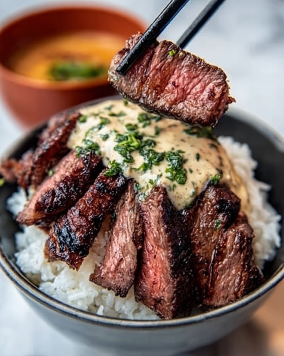 A close-up view of a white bowl filled with white rice at the bottom, topped with thick slices of grilled steak arranged in a fan shape. The steak is dark brown with a slightly charred texture and visible juicy pink center. On top of the steak sits a creamy, light-colored sauce with a smooth texture, garnished with small green herb pieces. A pair of black chopsticks held by a woman's hand lifts one slice of steak, showing its tender inside. The background features a white marbled surface with a blurred orange dish behind the bowl. photo taken with an iphone --ar 4:5 --v 7