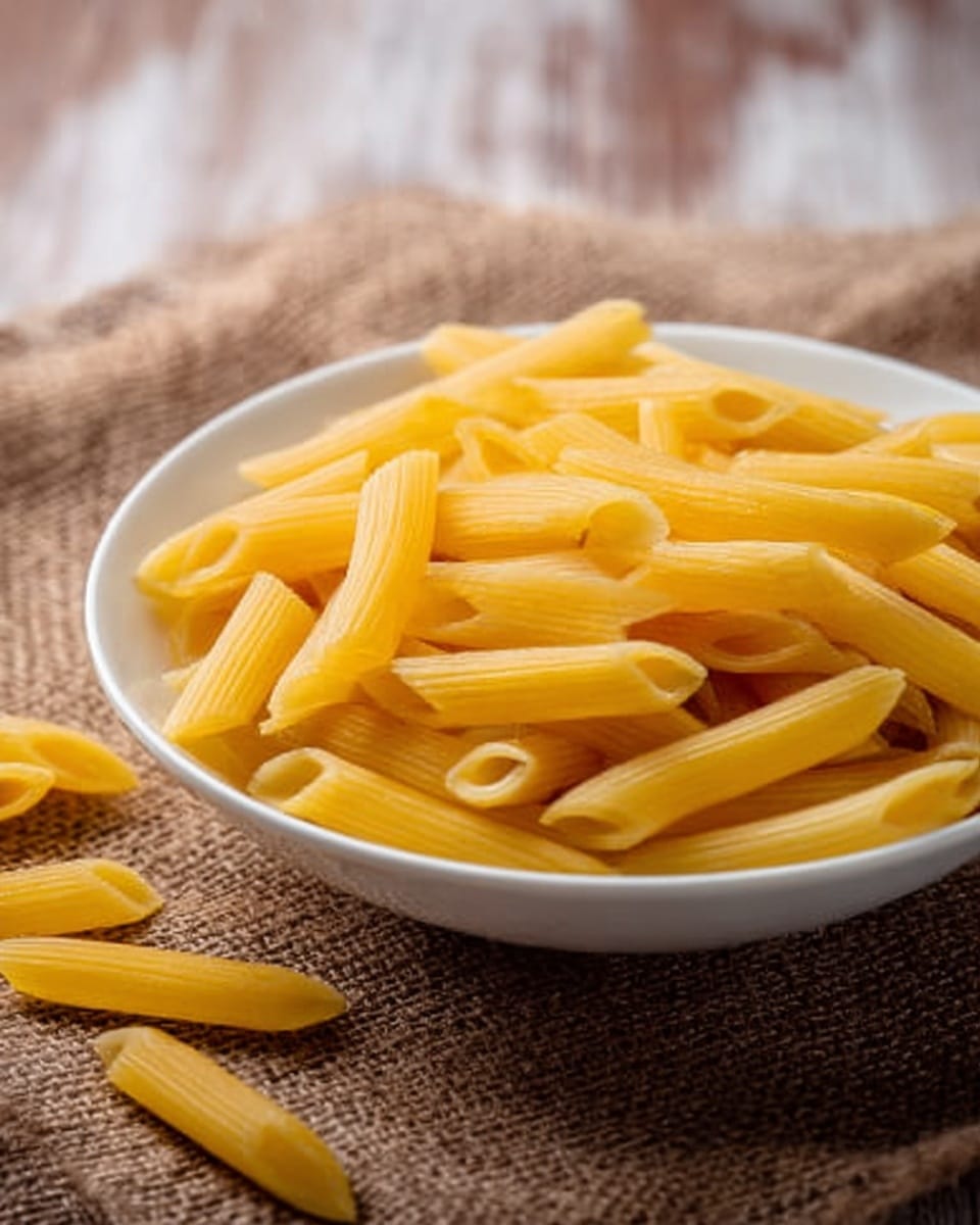 A white shallow bowl filled with dry yellow penne pasta sits on a textured burlap fabric over a white marbled surface. Some pieces of penne pasta are scattered loosely around the bowl. The penne pasta has a smooth texture, with each piece showing clearly the hollow center and the angled edges. The background shows wooden planks in a soft brown tone, creating a warm contrast with the bright yellow pasta and white bowl, photo taken with an iphone --ar 4:5 --v 7