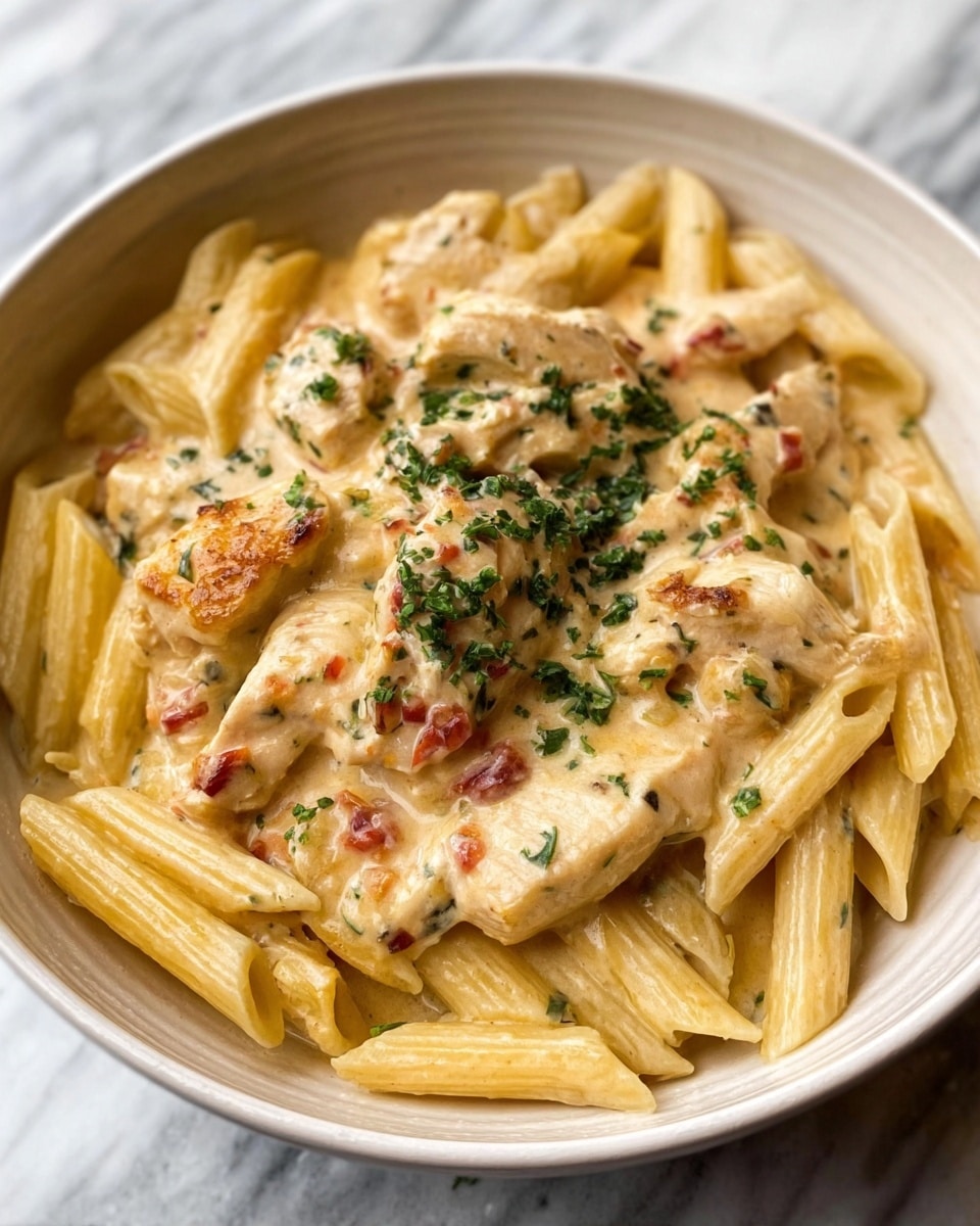 The image shows a bowl of creamy pasta with penne noodles layered at the bottom, with a pale yellow color and smooth texture. On top of the noodles are slices of light golden chicken mixed into the sauce, which looks rich and creamy with flecks of herbs and small red bits scattered throughout. The dish is garnished with chopped green parsley that adds a fresh color contrast. The bowl is white, and the background is a white marbled surface. photo taken with an iphone --ar 4:5 --v 7