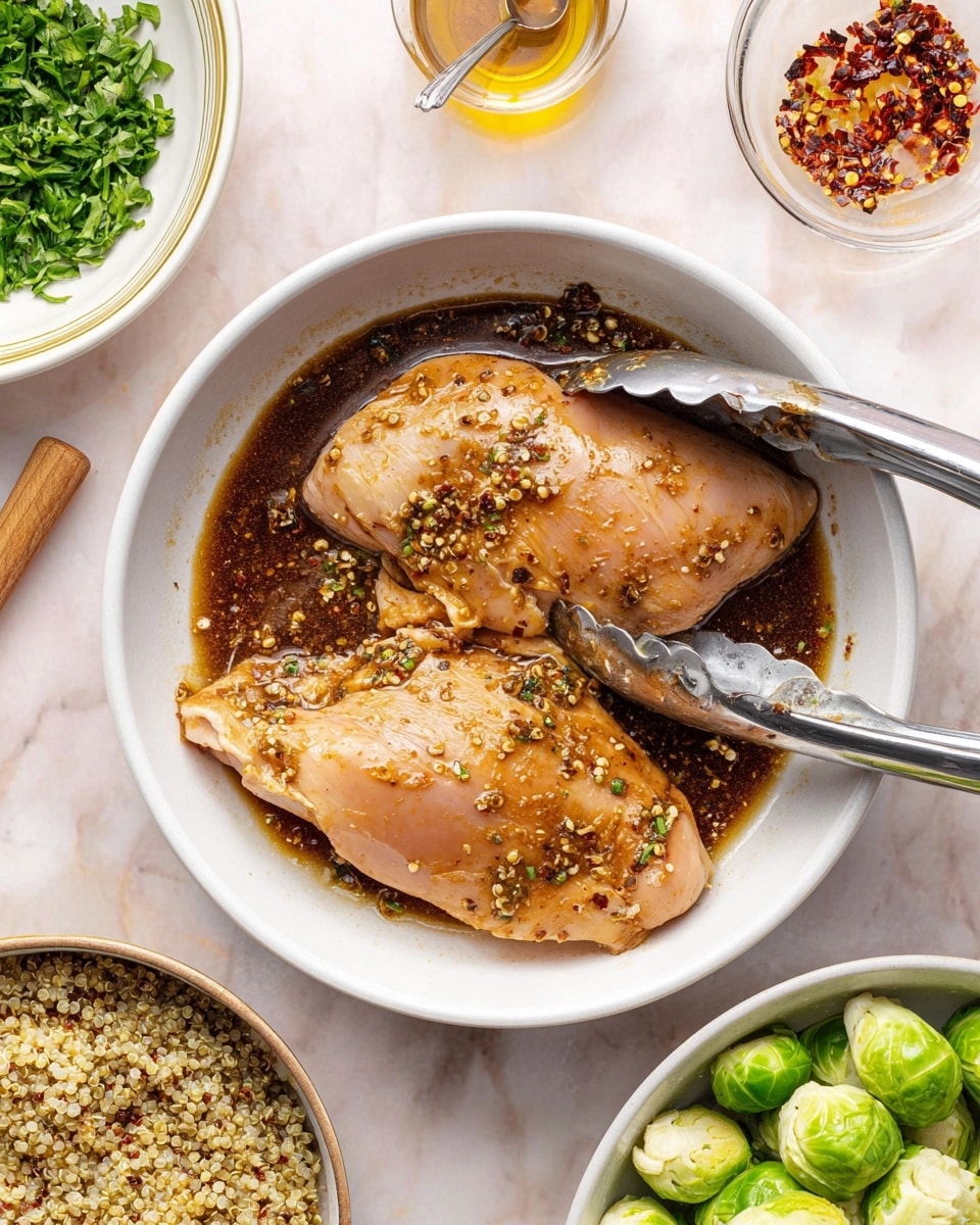 A white bowl holds two large pieces of raw chicken soaked in a dark brown marinade, showing a shiny and slightly oily texture with some seasoning visible on the surface; a pair of silver tongs grips one piece on the right side. Around the bowl, there are small white bowls containing fresh chopped green herbs, red chili flakes in oil with a small wooden spoon, cooked quinoa with a mix of light and dark grains, and fresh halved Brussels sprouts with a bright green color. The background is a white marbled surface. Photo taken with an iphone --ar 4:5 --v 7
