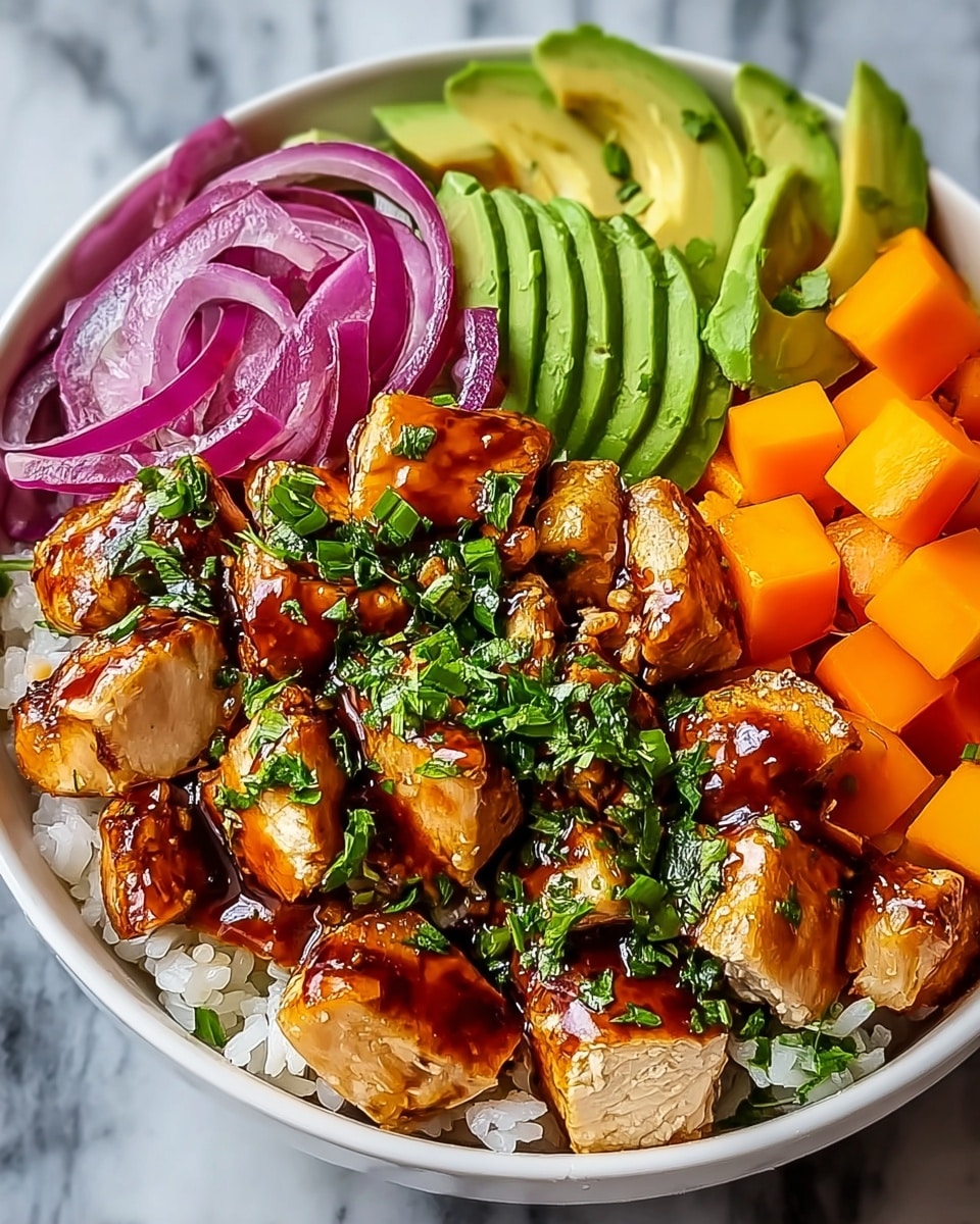 A white bowl sits on a white marbled surface, filled with layers of food. The bottom layer is white rice, topped with golden brown grilled chicken pieces glazed with a shiny brown sauce and sprinkled with fresh green chopped herbs. On the left side, there are thin sliced red onions with a bright purple color. Green avocado slices with a smooth texture are layered next to the onions. Finally, on the right side, there are bright orange cubed vegetables, neatly arranged. photo taken with an iphone --ar 4:5 --v 7