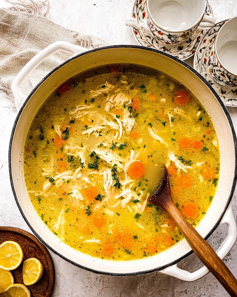 This image shows a white pot filled with chicken soup. The soup has three main layers: a yellowish broth on top with small bits of bright orange carrot pieces scattered throughout, shredded white chicken pieces mixed in the middle, and some celery slices floating near the surface. There are small bits of green herbs sprinkled on top, adding contrast. The pot is on a white marbled surface, with a wooden spoon resting inside the soup on the right side. In the background, there are two white cups with patterned saucers and a light tan cloth napkin on the left. A small wooden plate with lemon wedges sits near the bottom left corner. Photo taken with an iphone --ar 4:5 --v 7