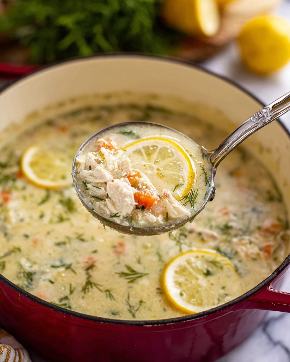 This image shows a close-up of a red pot with a creamy soup inside, sitting on a white marbled surface. The soup has a thick texture with visible chunks of white chicken, orange carrot pieces, and green herbs, likely dill and parsley, spread throughout. Floating on top are thin yellow lemon slices that add a fresh look to the creamy base. A silver ladle filled with the soup is lifted above the pot, showing the detailed mix of ingredients in the ladle. The background has some blurred green herbs and a lemon half. Photo taken with an iphone --ar 4:5 --v 7