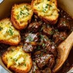French Onion Beef Stew with Cheesy Bread Topping Recipe