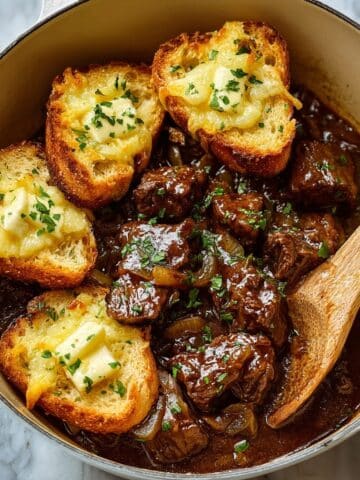 French Onion Beef Stew with Cheesy Bread Topping Recipe