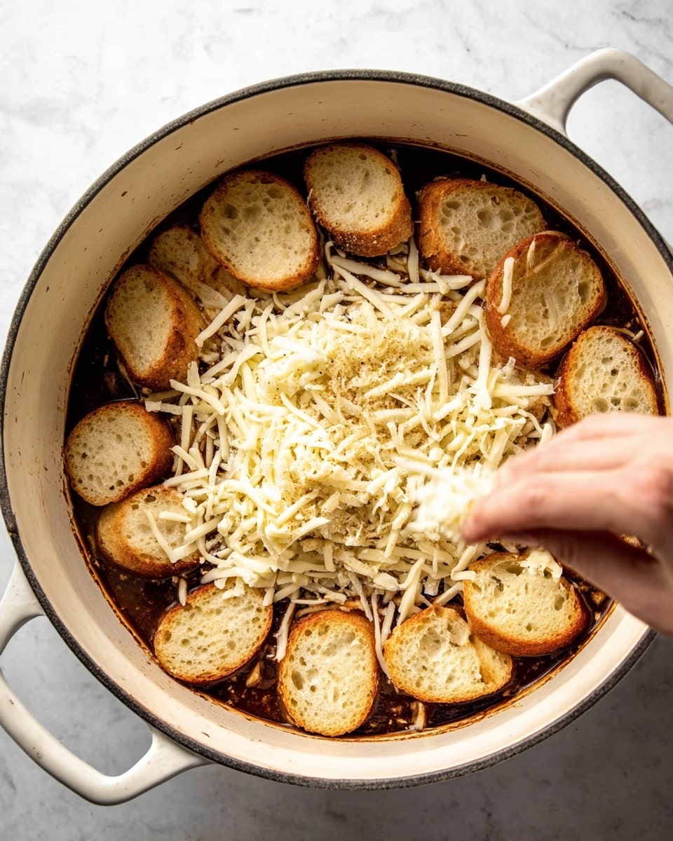 Inside a white pot with dark brown sauce lining the sides, there is one layer of toasted round bread slices placed close together. A woman's hand is sprinkling a generous amount of shredded white cheese on top of the bread, creating a second uneven layer of cheese strands covering most of the bread pieces. The pot sits on a white marbled surface. photo taken with an iphone --ar 4:5 --v 7