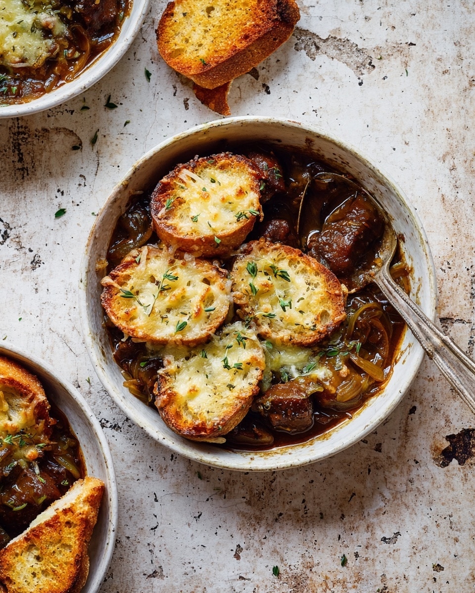 The image shows a white ceramic bowl filled with a layered dish that includes dark brown stew chunks and caramelized onions at the bottom. On top of the stew, there are six pieces of toasted bread slices arranged close together, each topped with melted golden cheese that has a bubbly and slightly crispy texture. Small green herb sprinkles, possibly thyme, are scattered over the cheese. A spoon is partially submerged inside the bowl on the right side. Next to the bowl, a piece of the toasted cheese bread is lying directly on the white marbled surface. Another white ceramic bowl filled with a similar stew and some melted cheese is partially visible in the upper left corner. The overall setting is rustic with a worn texture on the white marbled surface. Photo taken with an iphone --ar 4:5 --v 7