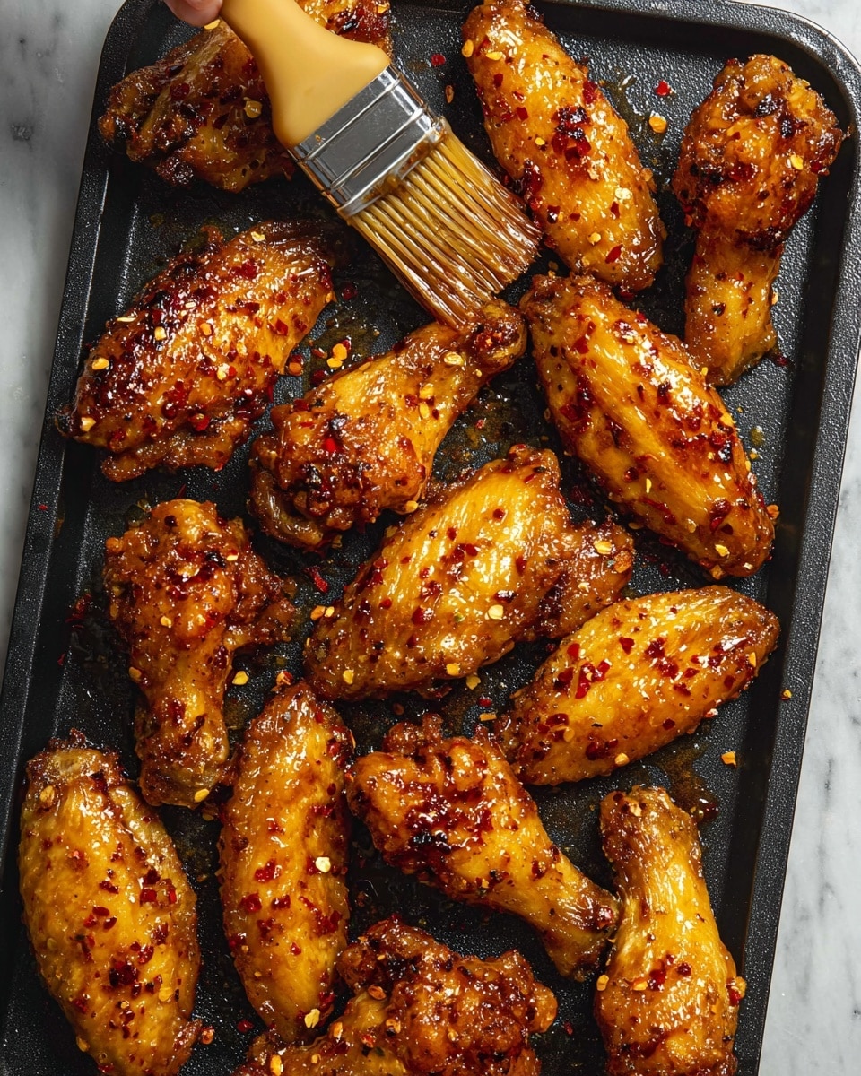 A black tray filled with about fourteen golden brown chicken wings, each wing covered in a shiny, spicy glaze with visible red chili flakes sprinkled over them. The wings show crispy, textured skin with a slightly charred look on some spots. A silicone brush with light brown bristles is brushing sauce over one wing, the brush held by a woman’s hand just off the top left corner. The background is a white marbled surface visible around the tray. photo taken with an iphone --ar 4:5 --v 7