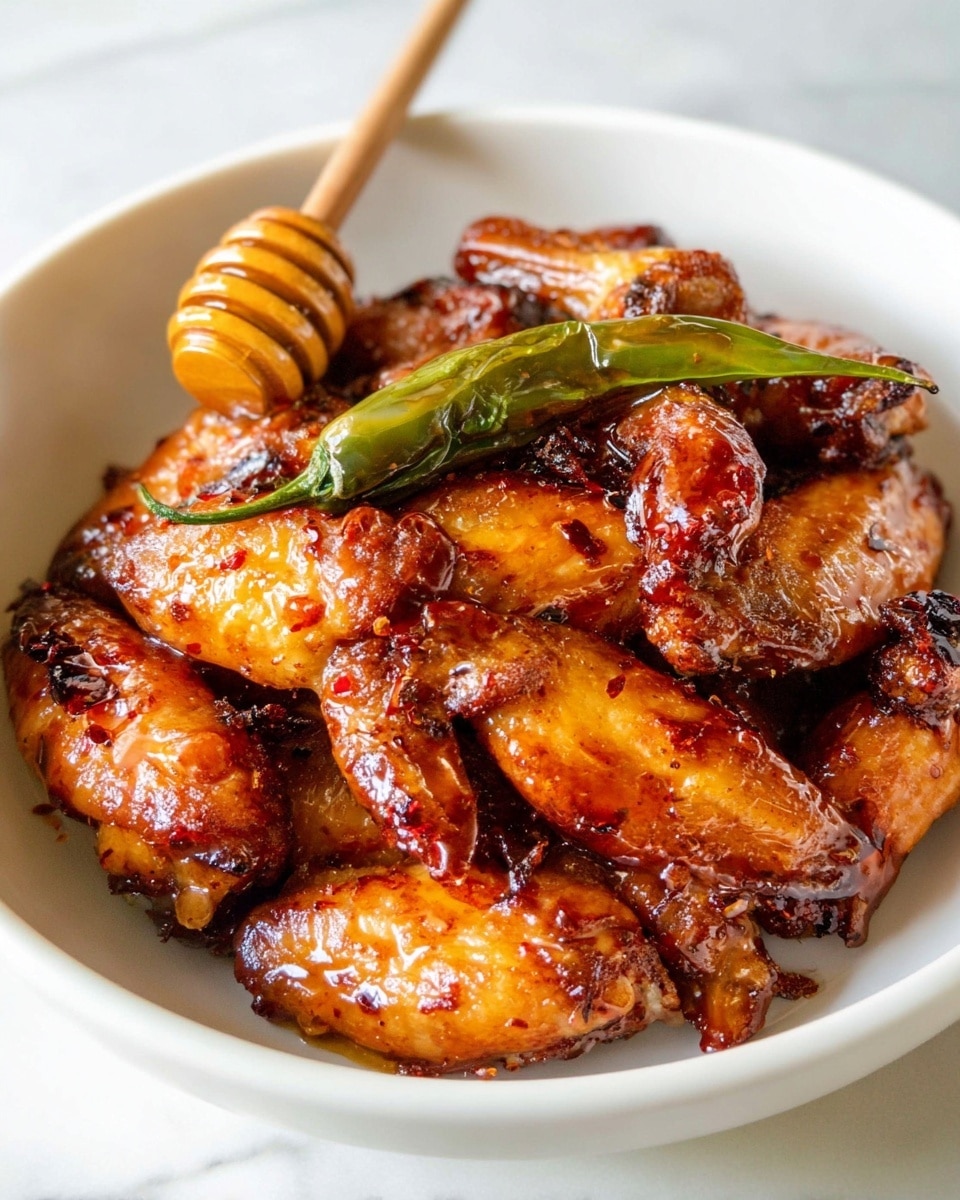 A white bowl filled with one layer of glazed chicken wings, each wing shiny with a sticky, caramel-colored sauce with hints of reddish spices and darker charred spots. The wings are piled close together, showing a mix of drumettes and flats, giving a mix of smooth, crispy, and slightly textured surfaces. On top of the wings, a whole green chili pepper is resting upright, with a wooden honey dipper laid across the wings to the left side, its rounded grooved head slightly covered in sauce. The bowl sits on a white marbled surface, and the lighting highlights the glossy texture of the wings, creating warmth and richness in the image. photo taken with an iphone --ar 4:5 --v 7