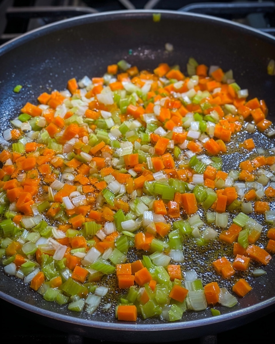 In a dark frying pan filled with bubbling oil, small diced pieces of orange carrot, green celery, and white onion are cooking evenly across the flat surface. The vegetables are scattered in a colorful mix, showing a soft, shiny texture from the oil. The pan sits on a stove, and the scene is lit well, highlighting the vibrant colors and slight glisten of the cooking process. photo taken with an iphone --ar 4:5 --v 7