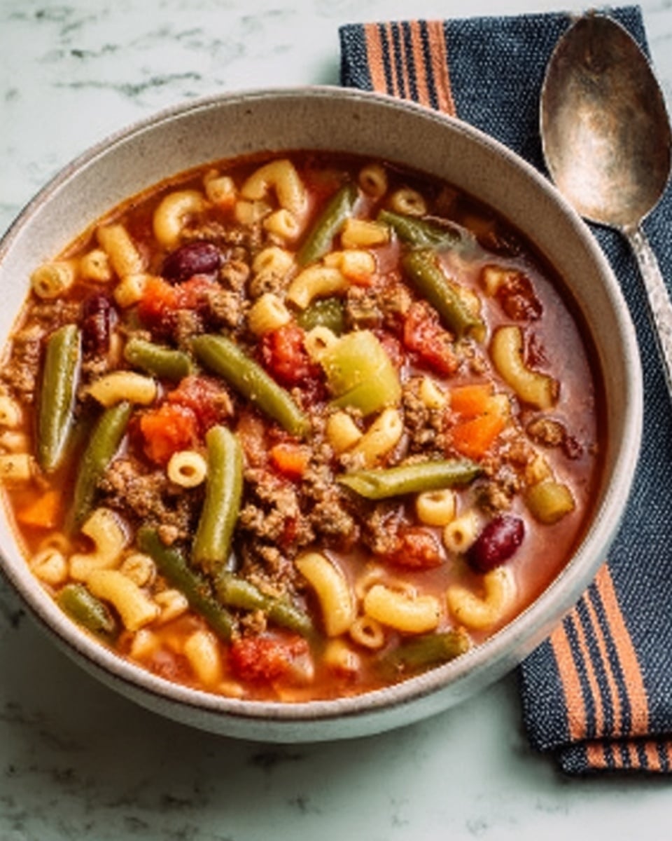 A white bowl filled with a chunky soup containing small pasta pieces, green beans, kidney beans, and diced tomatoes in a reddish broth. The soup has bits of ground meat mixed throughout, with a mix of light brown, green, red, and orange colors. The bowl is placed on a white marbled surface next to a spoon and a dark cloth with blue and orange stripes. Photo taken with an iphone --ar 4:5 --v 7