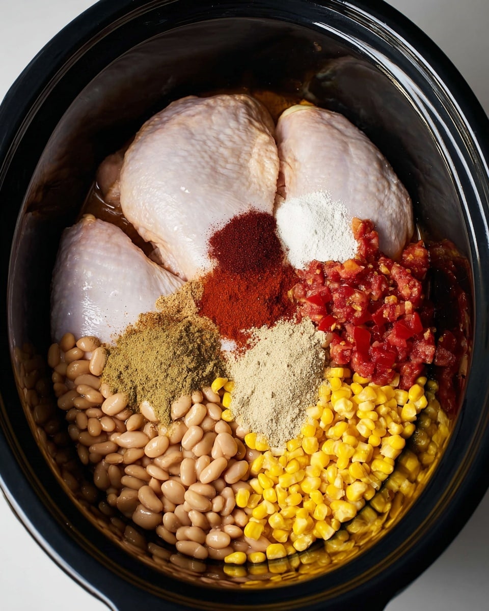Inside a black slow cooker, there are two large raw chicken pieces lying on top of four separate piles of ingredients arranged around the edges: light brown beans on the left, bright yellow corn at the bottom, chopped red tomatoes on the right, and more yellow corn mixed with some red pieces at the top. On top of the chicken pieces, four different spices are placed in small piles: dark red chili powder on the left chicken, white powder next to it, brownish-green powder to the right, and a pale beige powder on the right chicken. The overall look is colorful with smooth raw chicken skin contrasting the textured spices and vegetables, photo taken with an iphone --ar 4:5 --v 7