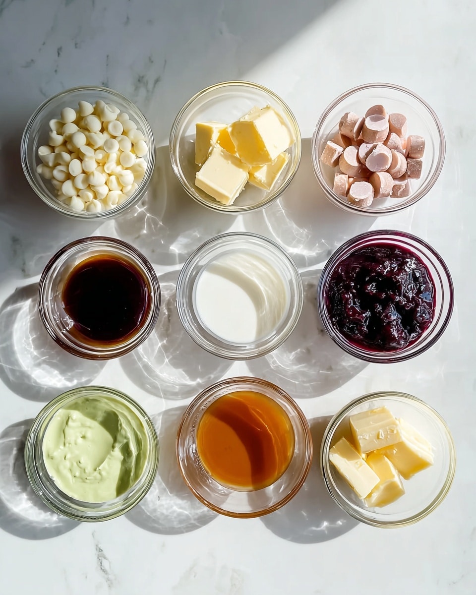 The image shows nine small bowls placed in three rows on a white marbled surface. In the top row, from left to right, there is a clear glass bowl filled with small white chocolate chips, followed by a white bowl with firm yellow butter cubes, and another white bowl with pinkish-tan chocolate chips. The middle row has a small clear bowl with milk, a clear bowl with thick dark brown syrup, and a clear bowl filled with dark purple jam. The bottom row contains a green creamy sauce in a clear bowl, a clear bowl with a smooth caramel-colored sauce, and finally a clear bowl holding a few pale yellow butter slices. Soft shadows fall diagonally across the surface, adding depth to the arrangement. Photo taken with an iphone --ar 4:5 --v 7
