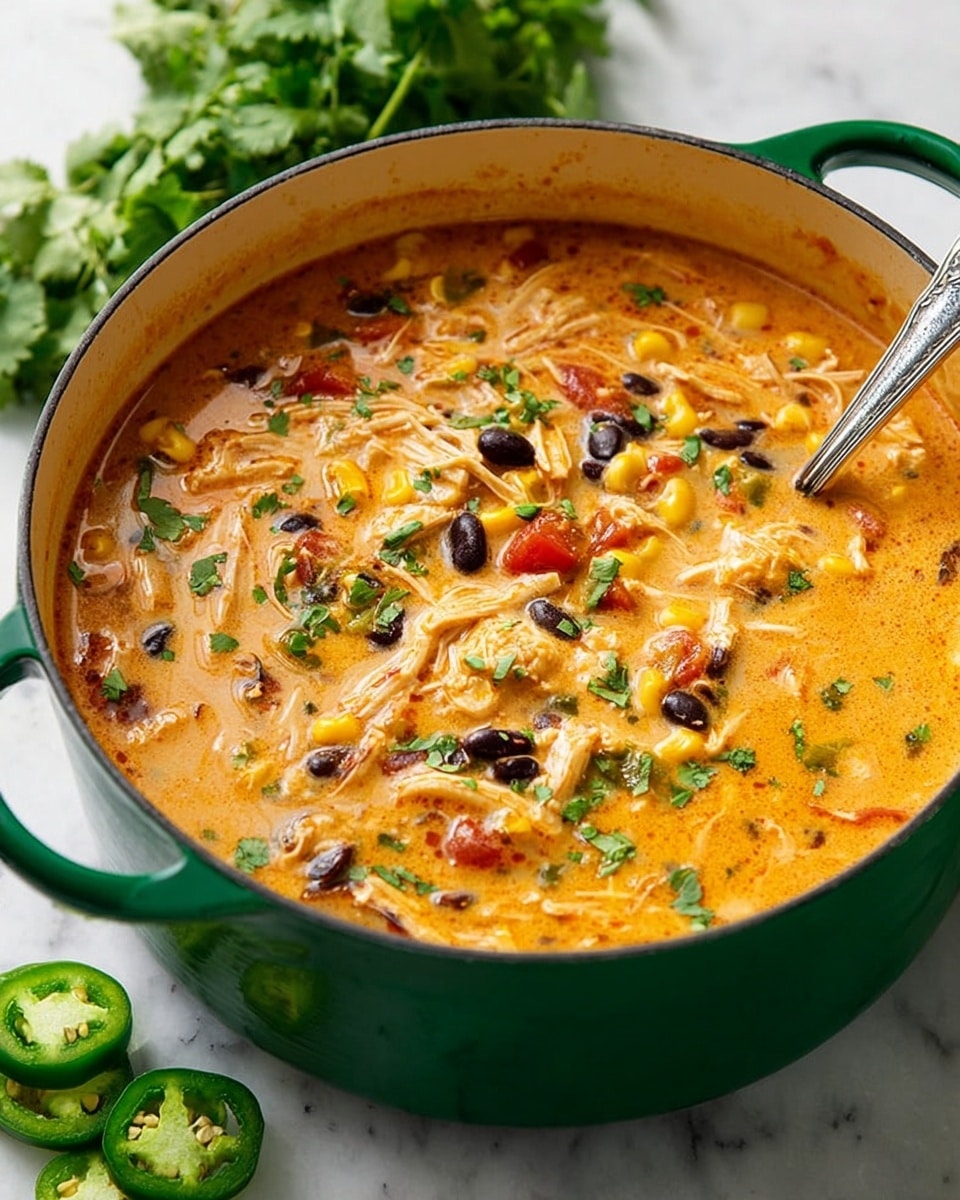 A large green pot filled with creamy orange soup that has visible layers including shredded light beige chicken, yellow corn kernels, black beans, and chunks of red tomatoes evenly spread throughout the thick soup. The surface has a slight glisten with small green herb pieces sprinkled on top. A silver ladle rests inside the pot with its handle leaning on the edge. Fresh cilantro leaves lie blurred in the background, while sliced green jalapeños are placed on the white marbled surface next to the pot. photo taken with an iphone --ar 4:5 --v 7